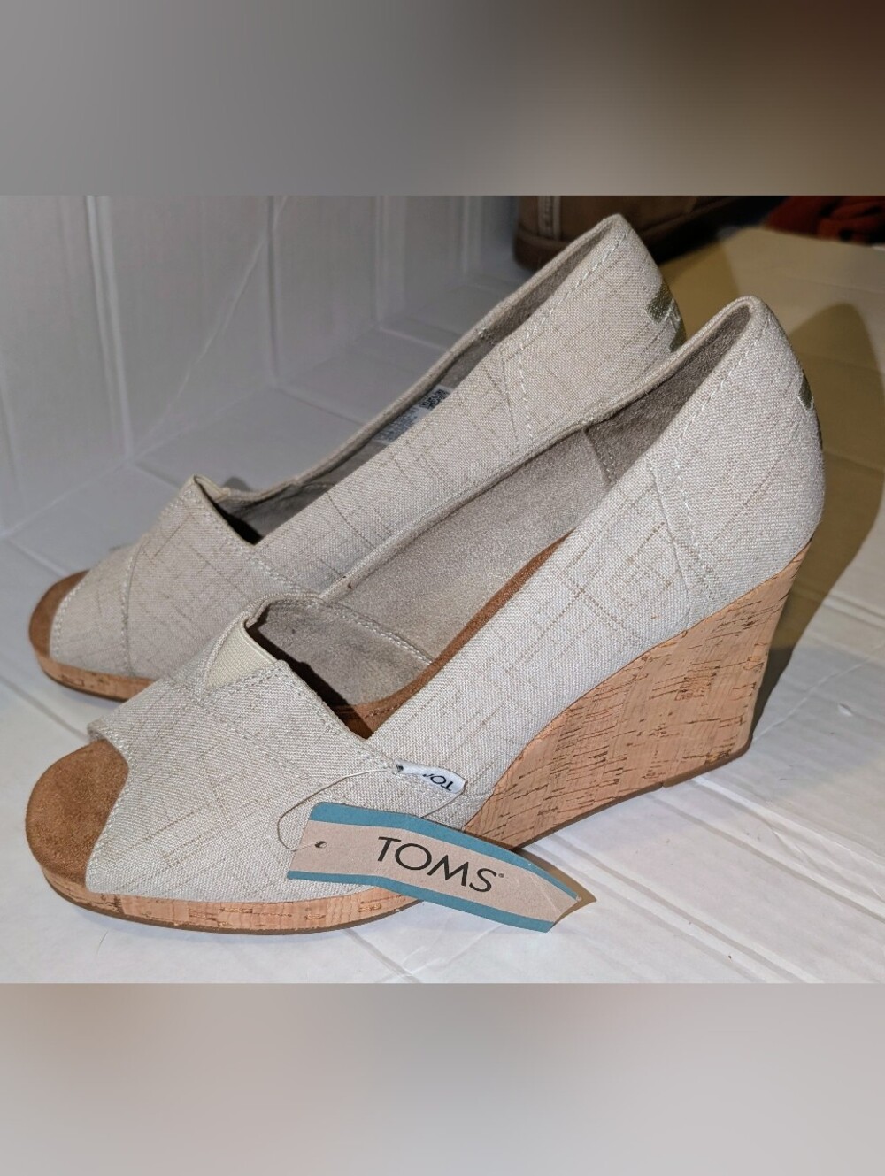 Toms Beige Canvas Peep-Toe Wedge Espadrilles